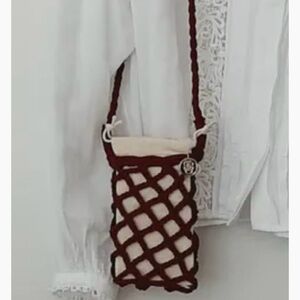 GUERLAIN PARIS Handwoven Net Phone Crossbody Bag - Brown and Cream